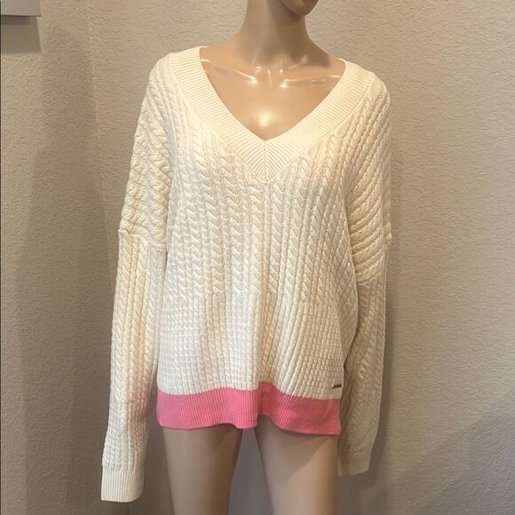 French Connection Cream and Pink V-Neck Sweater Chunky Knit - Picture 1 of 5